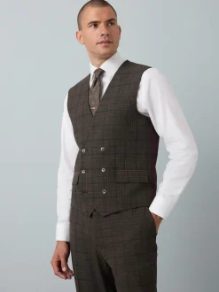 Brown Slim Fit Trimmed Check Suit Waistcoat