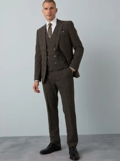 Brown Slim Fit Trimmed Check Suit Waistcoat