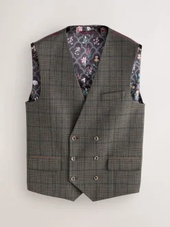 Brown Slim Fit Trimmed Check Suit Waistcoat