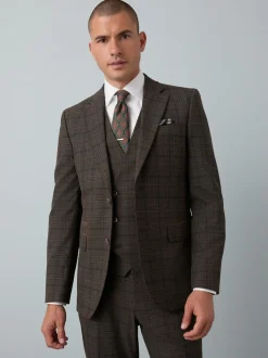 Brown Slim Fit Trimmed Check Suit Jacket