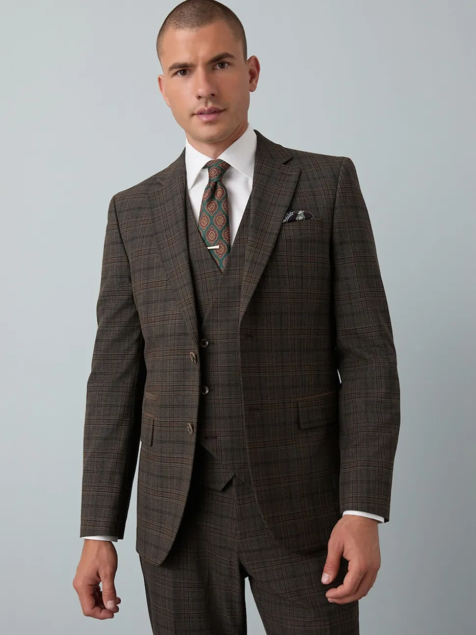 Brown Slim Fit Trimmed Check Suit Jacket