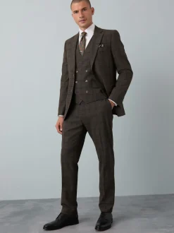 Brown Slim Fit Trimmed Check Suit Jacket