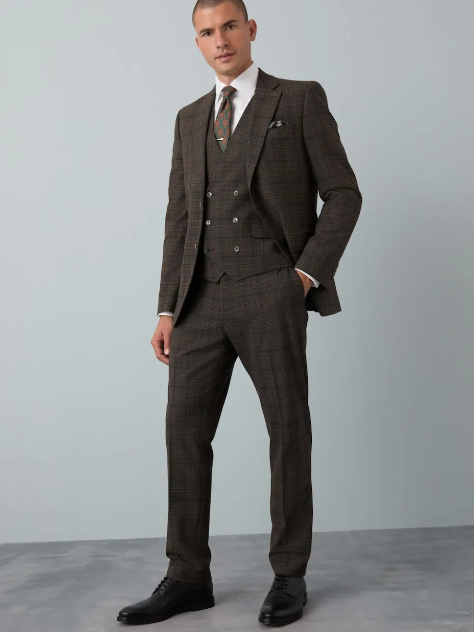 Brown Slim Fit Trimmed Check Suit Jacket