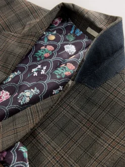 Brown Slim Fit Trimmed Check Suit Jacket