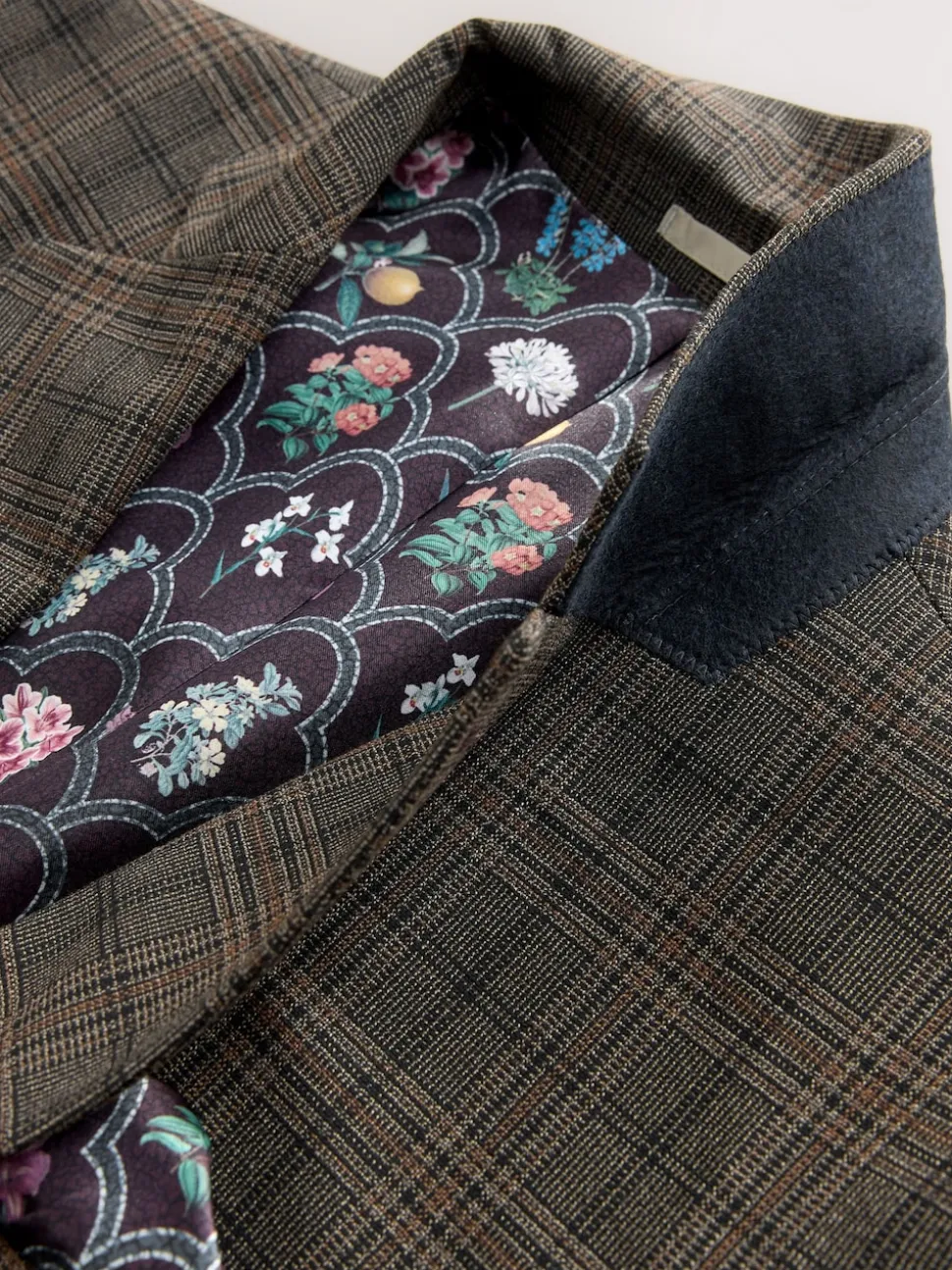 Brown Slim Fit Trimmed Check Suit Jacket