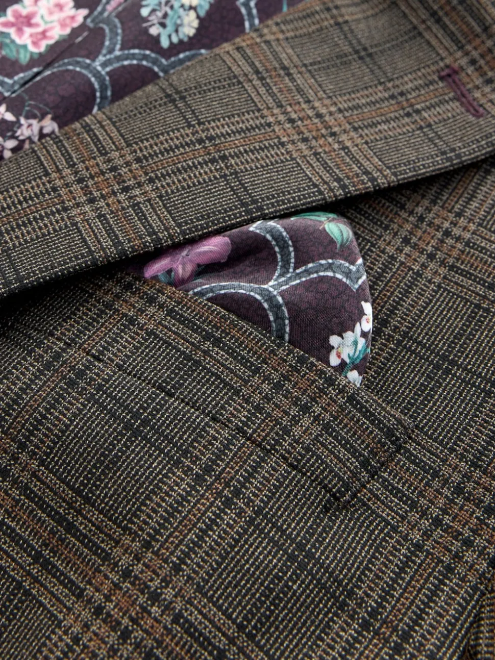 Brown Slim Fit Trimmed Check Suit Jacket