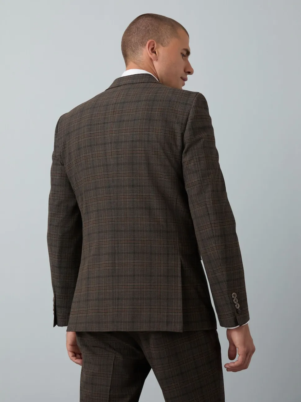 Brown Slim Fit Trimmed Check Suit Jacket
