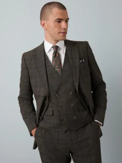Brown Slim Fit Trimmed Check Suit Jacket