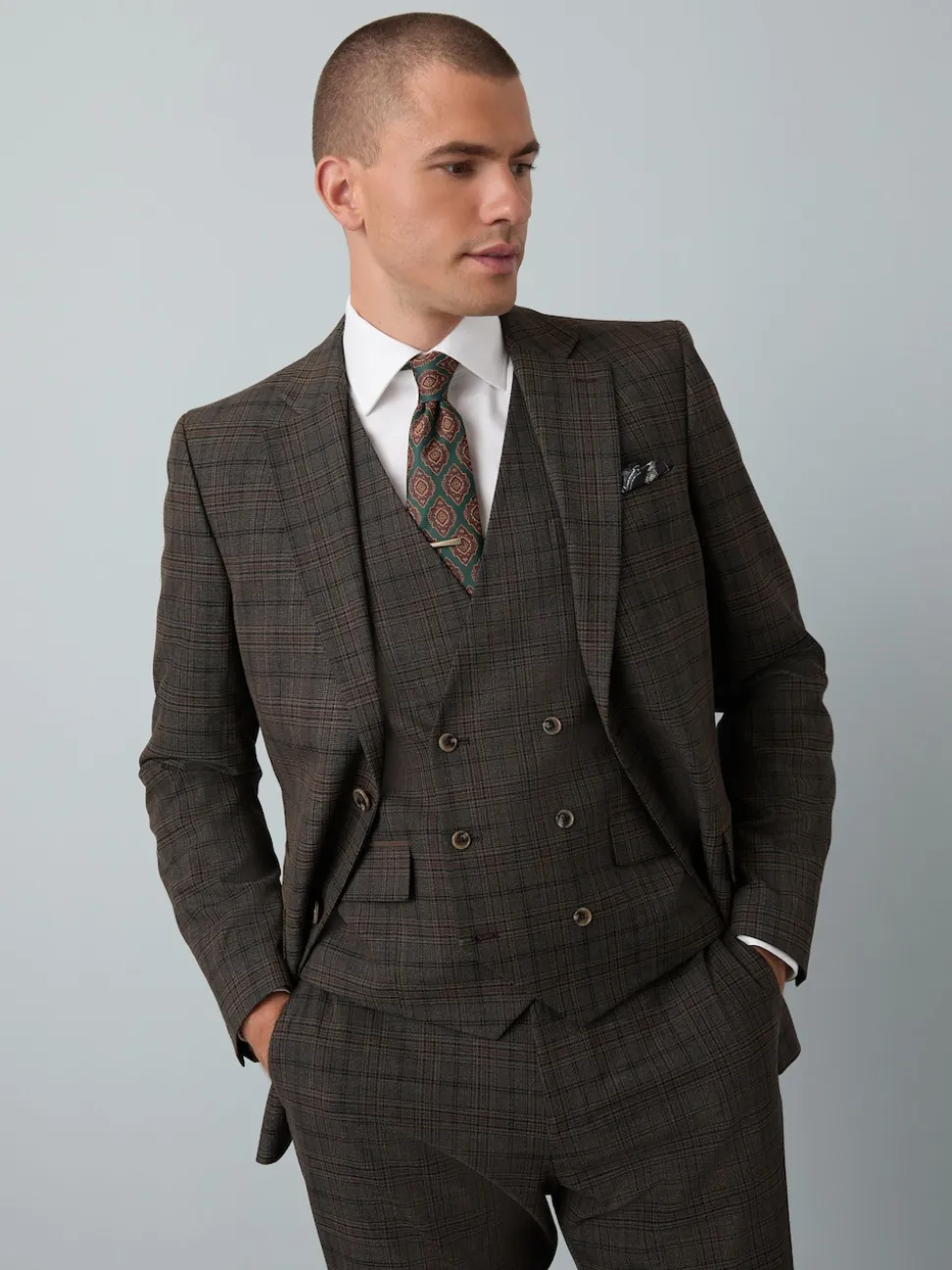 Brown Slim Fit Trimmed Check Suit Jacket