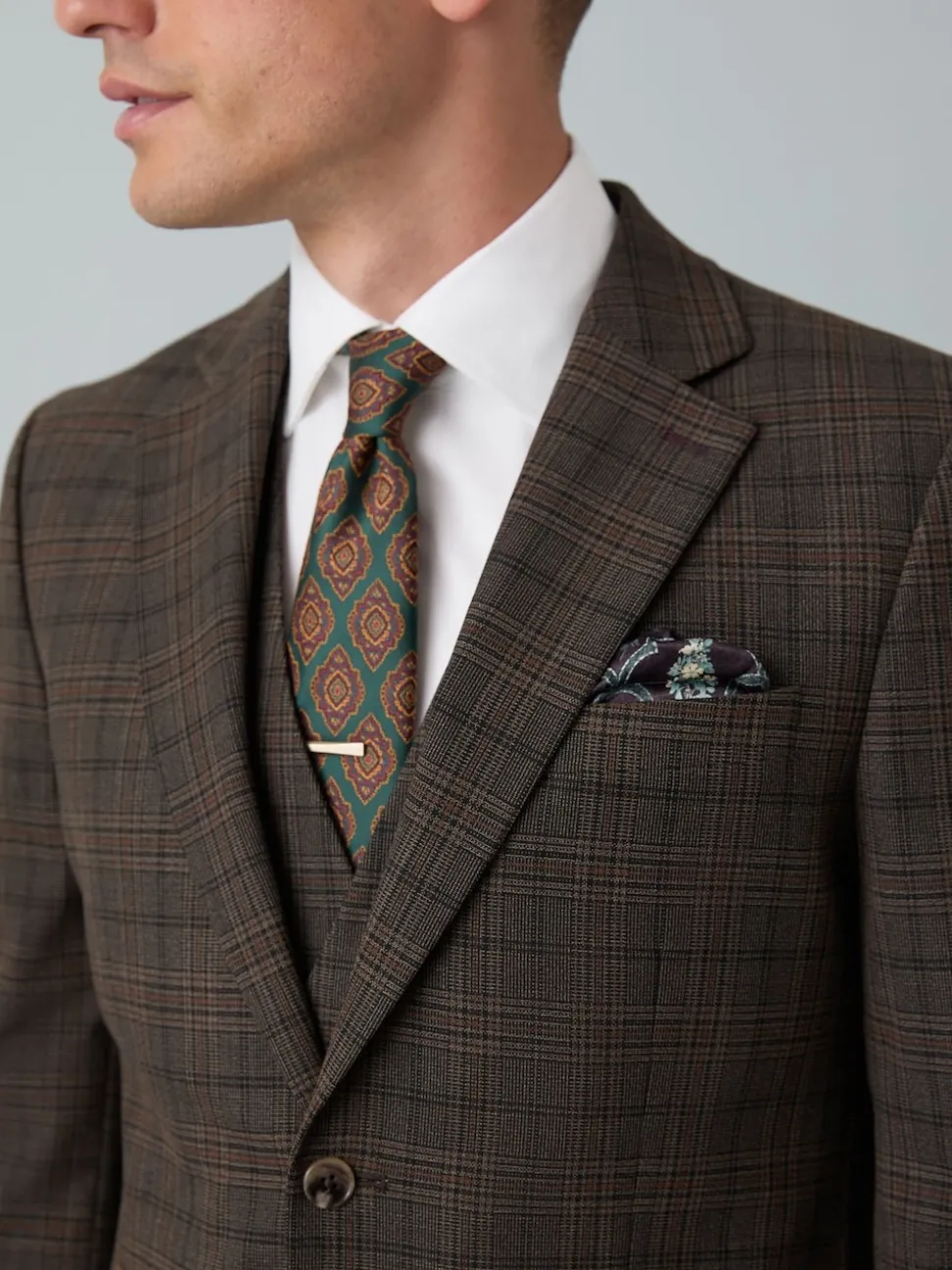 Brown Slim Fit Trimmed Check Suit Jacket