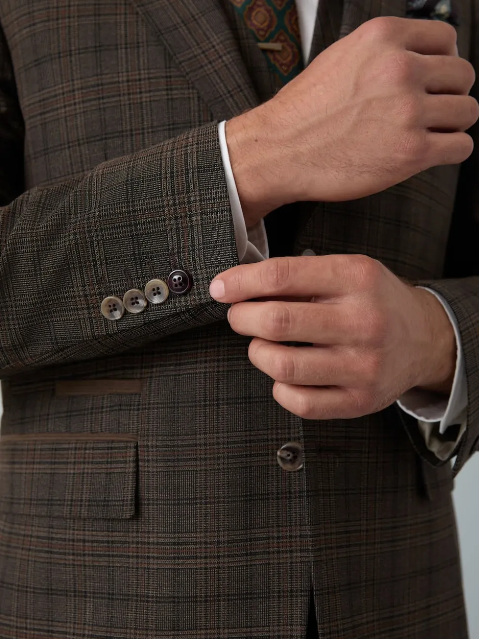 Brown Slim Fit Trimmed Check Suit Jacket