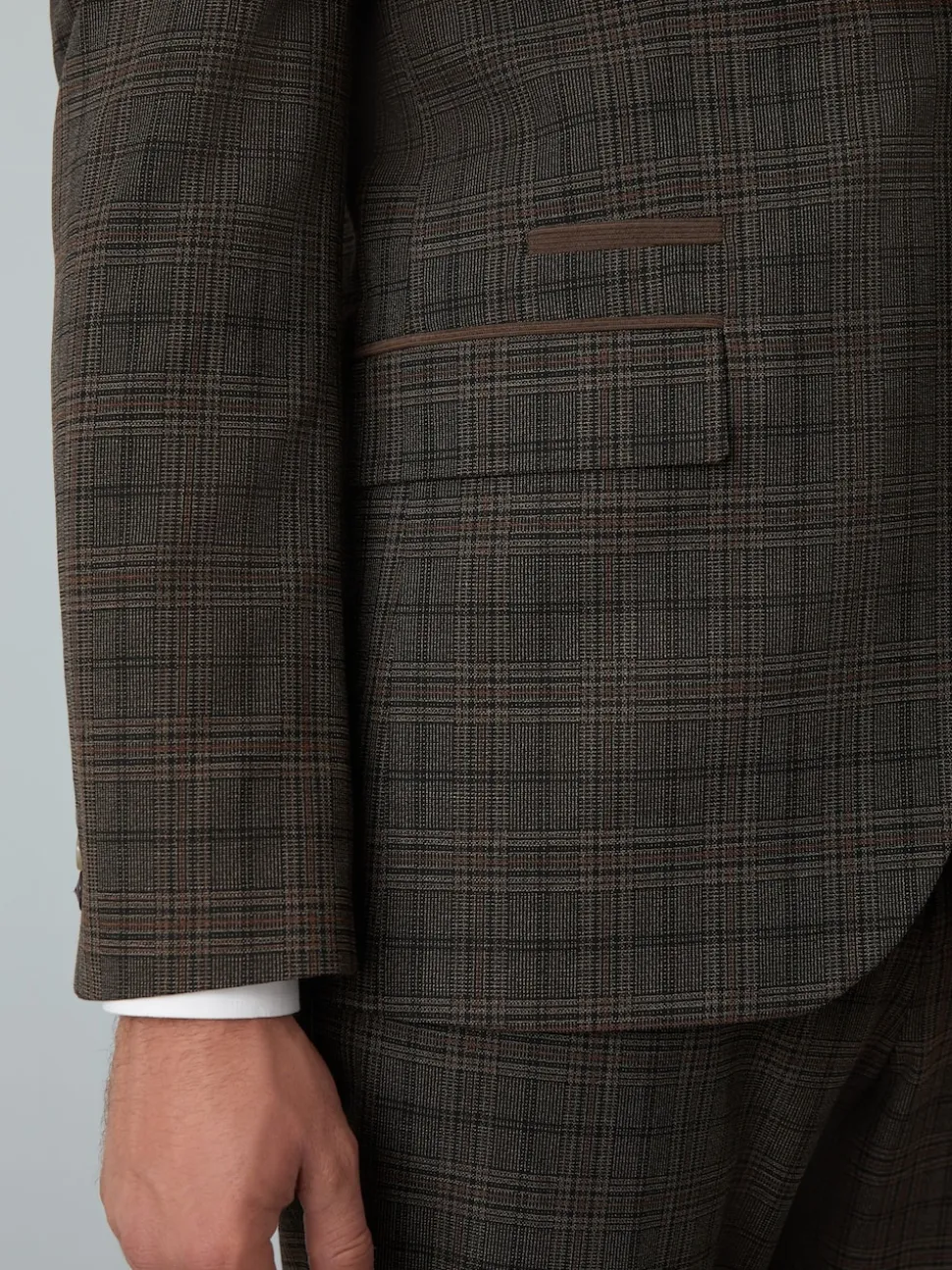 Brown Slim Fit Trimmed Check Suit Jacket