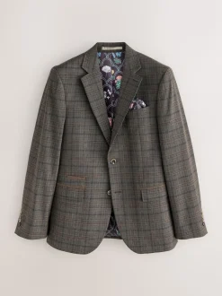 Brown Slim Fit Trimmed Check Suit Jacket