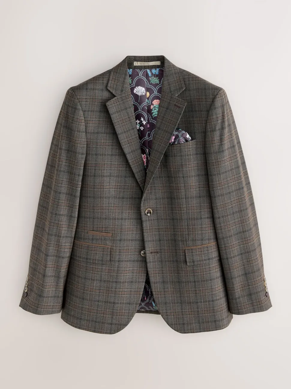 Brown Slim Fit Trimmed Check Suit Jacket