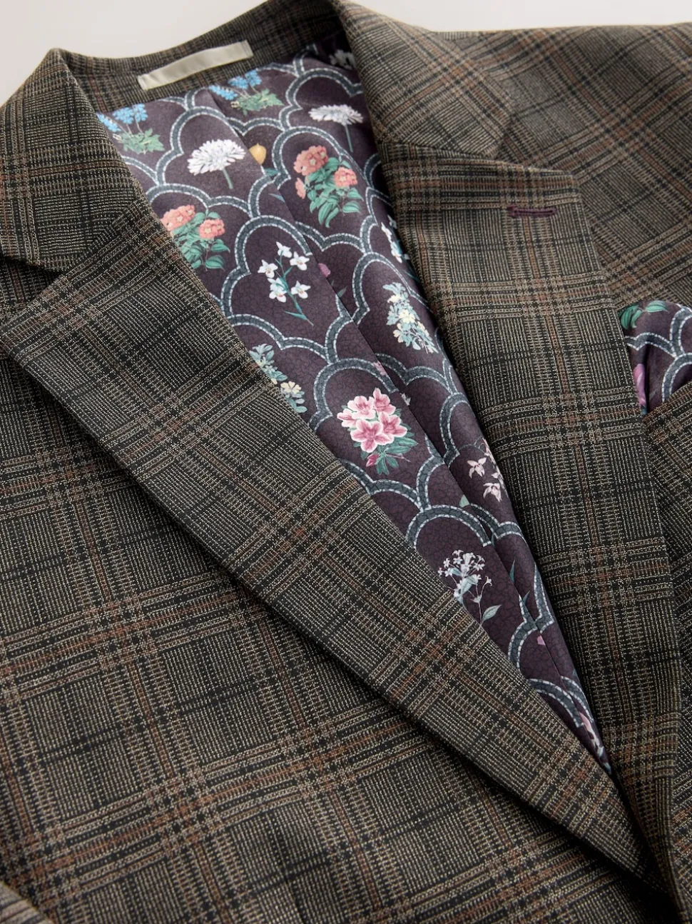 Brown Slim Fit Trimmed Check Suit Jacket