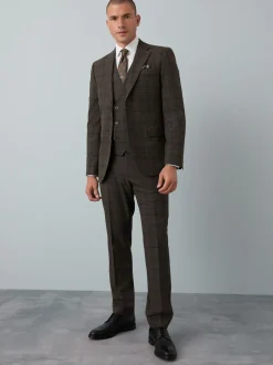 Brown Slim Fit Trimmed Check Suit Trousers