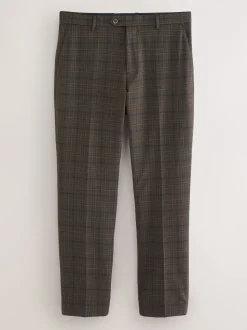 Brown Slim Fit Trimmed Check Suit Trousers