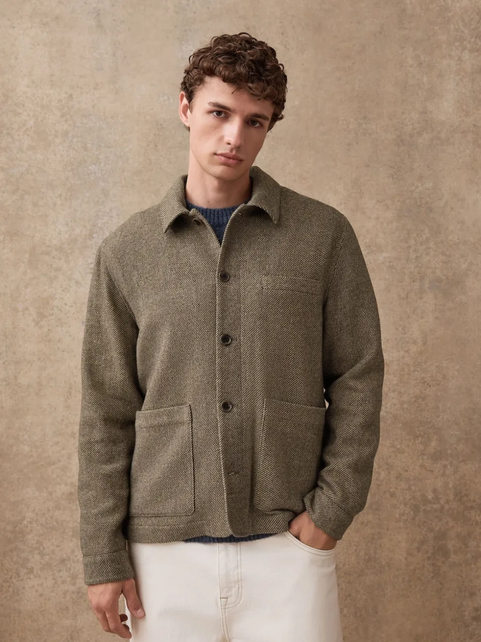 Brown Smart Textured Twill Chore Jacket With Wool