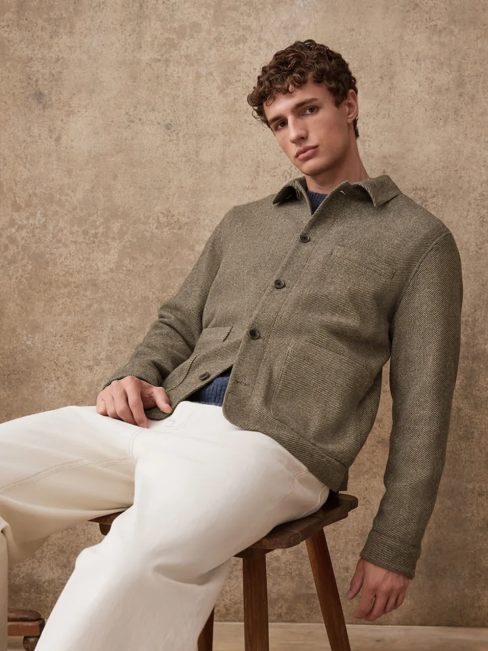 Brown Smart Textured Twill Chore Jacket With Wool