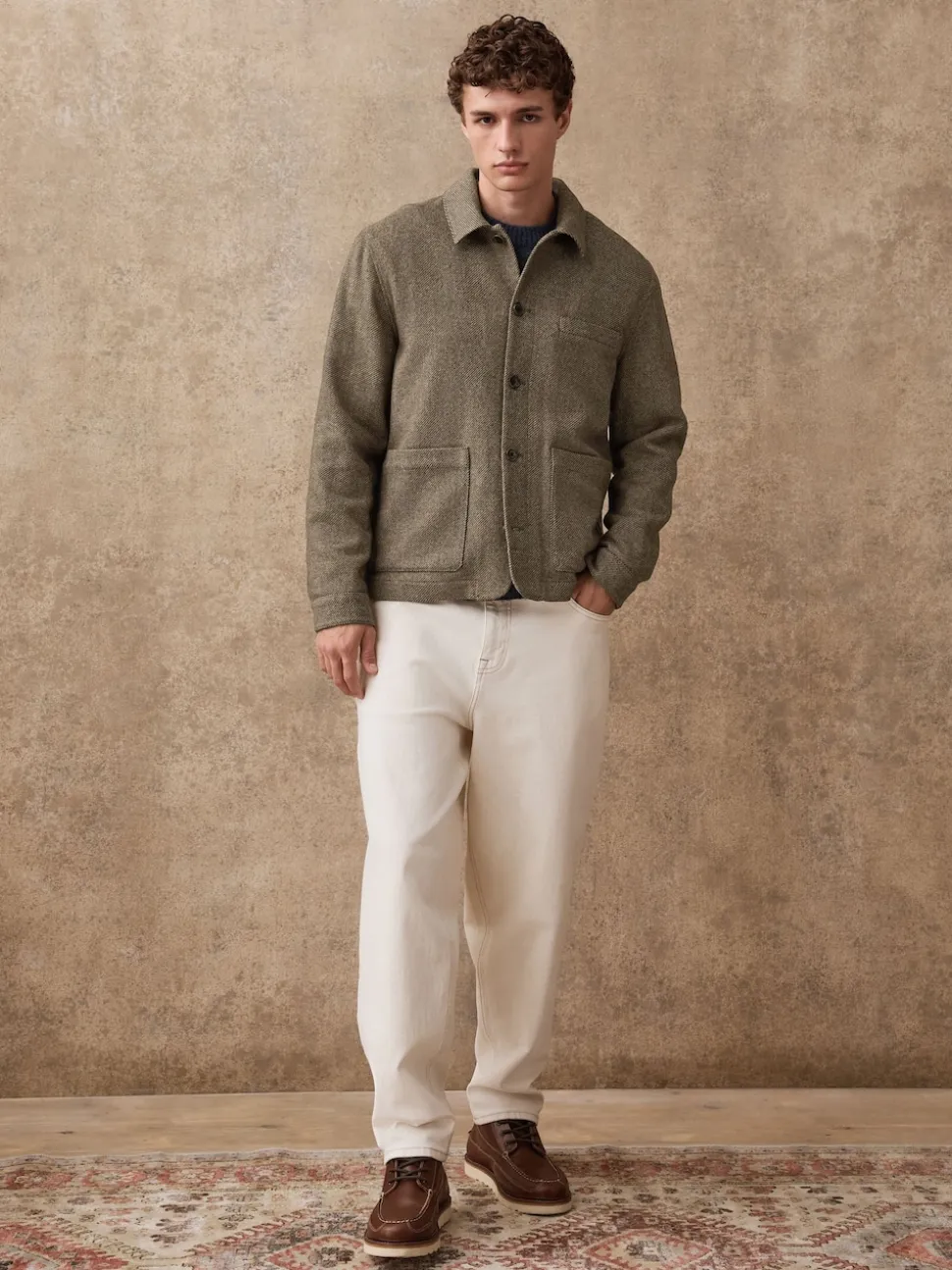 Brown Smart Textured Twill Chore Jacket With Wool