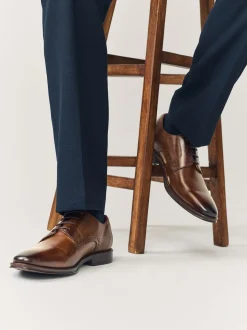 Brown Standard Fit Leather Contrast Sole Derby Shoes
