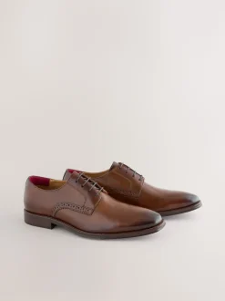 Brown Standard Fit Leather Contrast Sole Derby Shoes