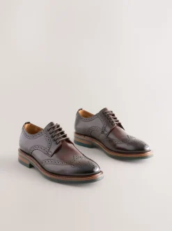Brown Standard Fit Leather Contrast Sole Chunky Brogues Shoes