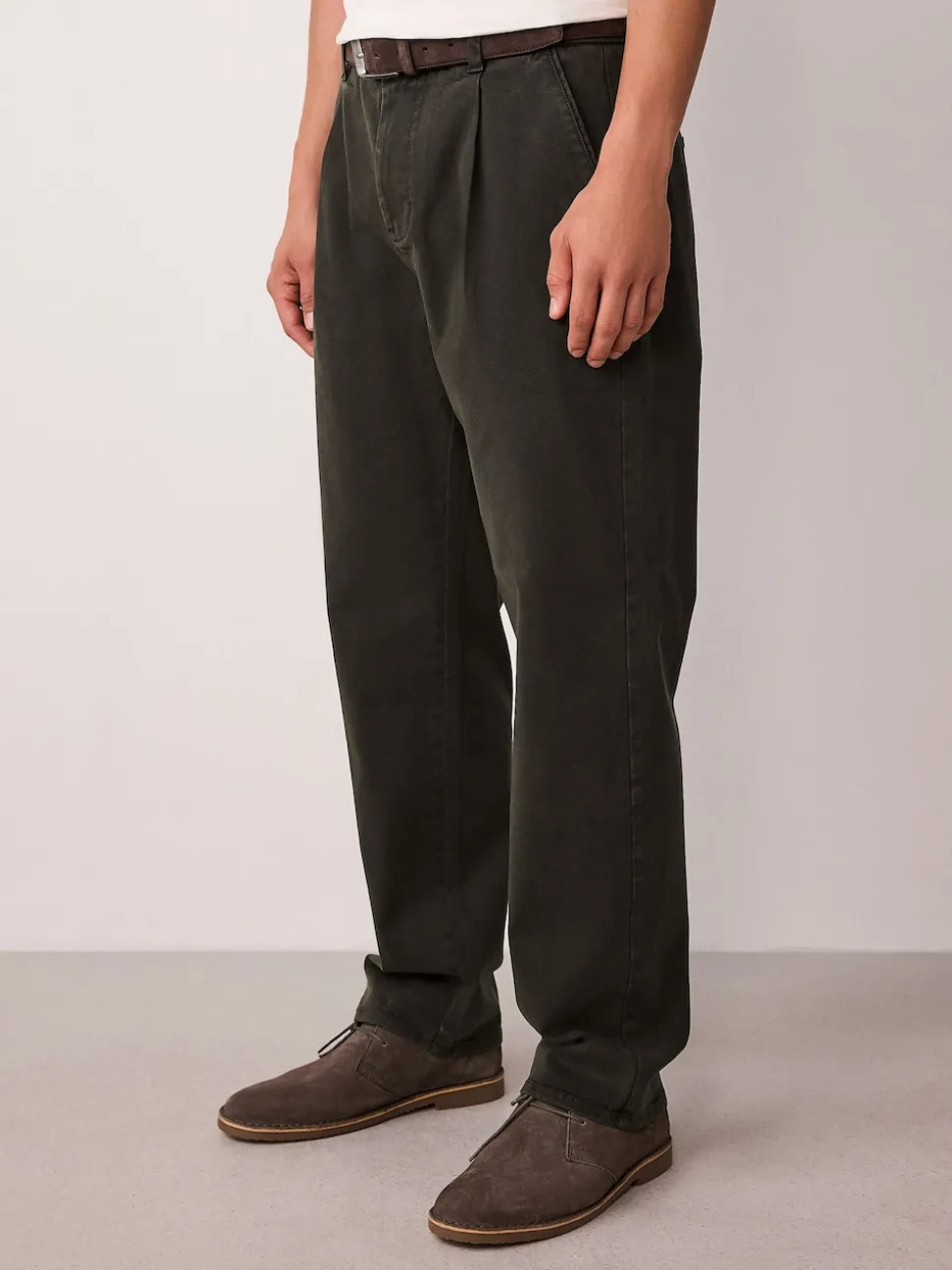Brown Straight Fit Belted Trousers