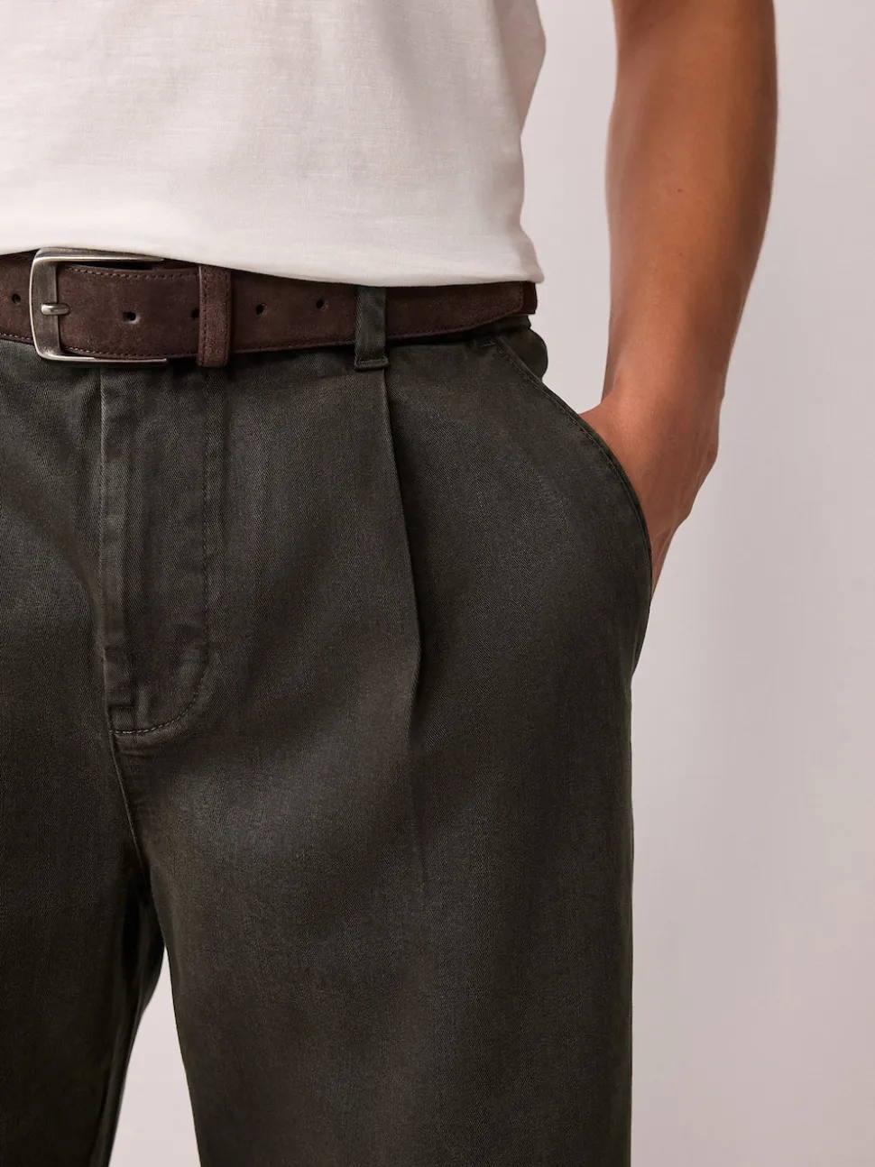 Brown Straight Fit Belted Trousers