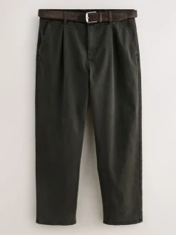 Brown Straight Fit Belted Trousers