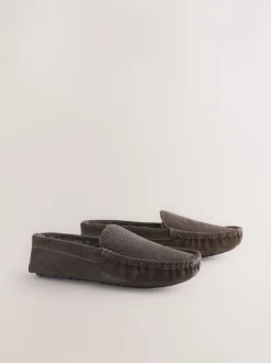Brown Suede Faux Fur Lined Moccasin Slippers
