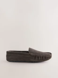 Brown Suede Faux Fur Lined Moccasin Slippers