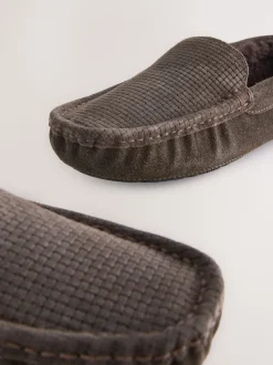 Brown Suede Faux Fur Lined Moccasin Slippers
