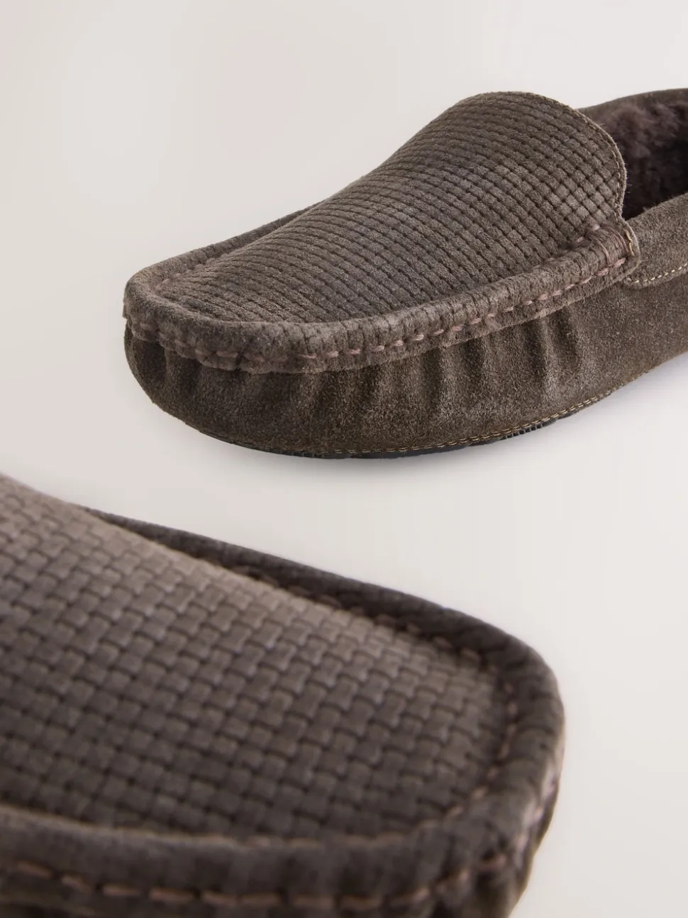 Brown Suede Faux Fur Lined Moccasin Slippers