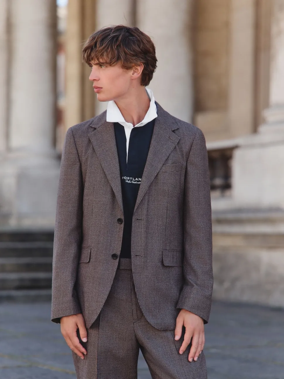 Brown Tailored Fit Wool Blend Puppy Tooth Texture Suit Jacket
