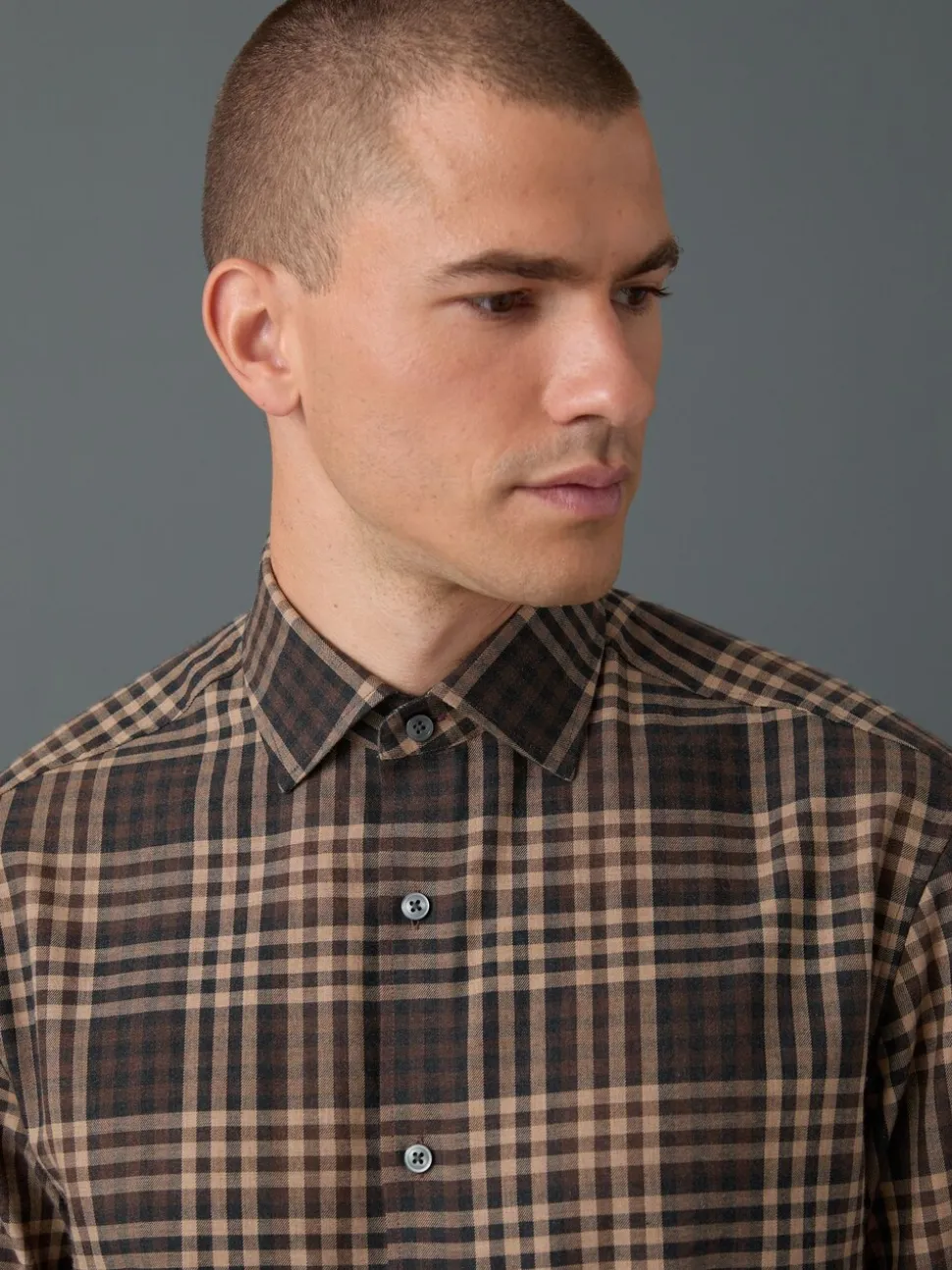 Brown Tonal Regular Fit Check Soft Touch 100% Cotton Smart Long Sleeve Shirt