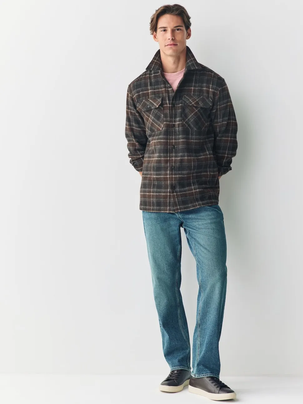 Brown Twin Pocket Long Sleeve Check Overshirt