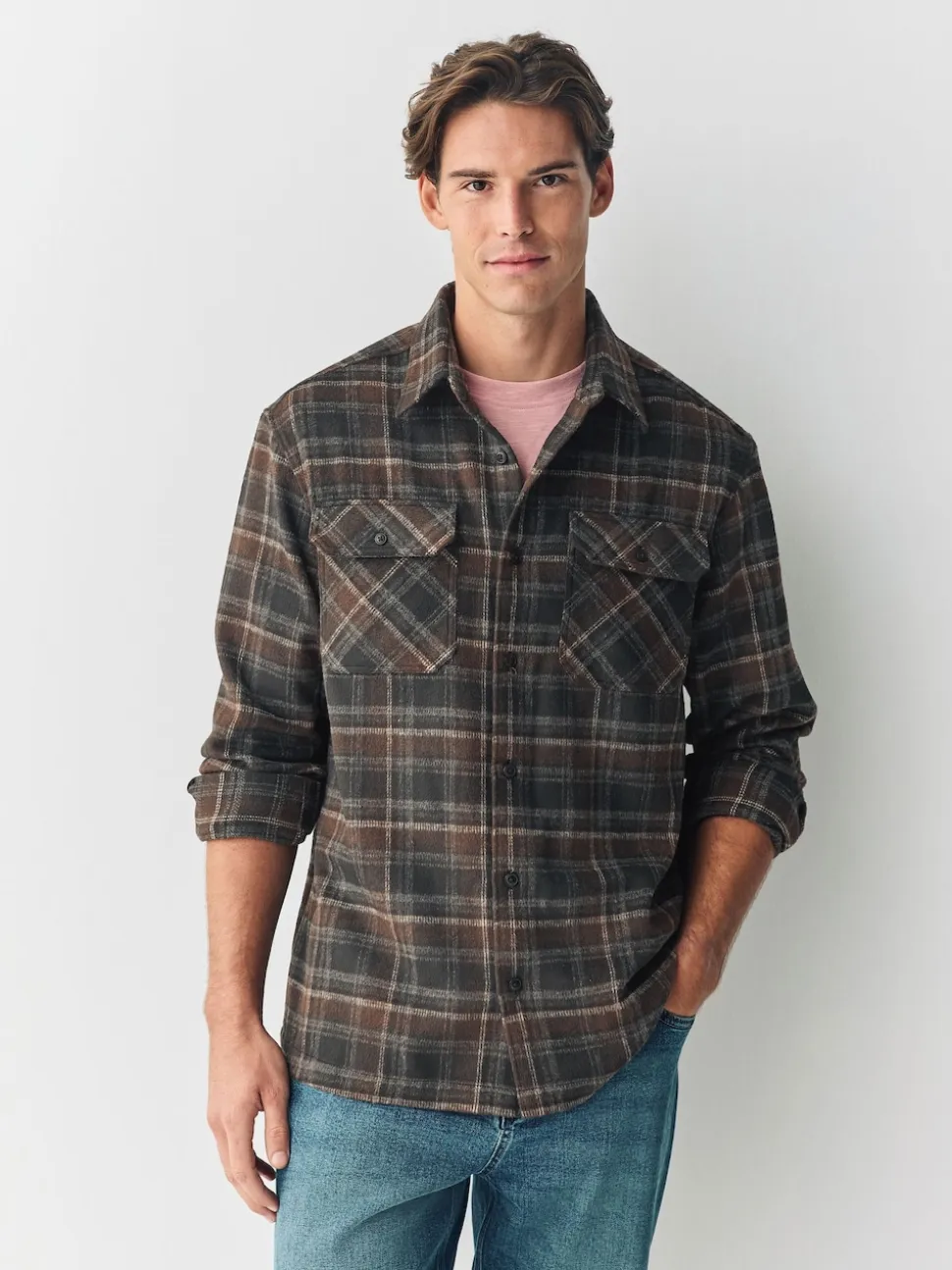 Brown Twin Pocket Long Sleeve Check Overshirt