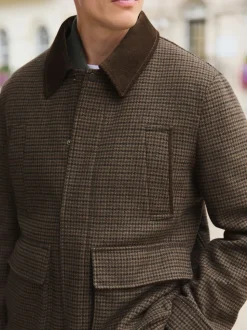 Brown Wool Blend Dogtooth Quilted Corduroy Collar Jacket