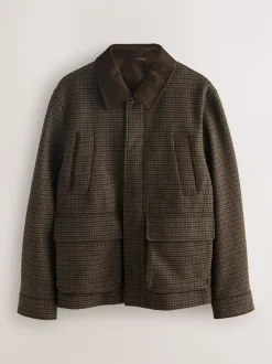 Brown Wool Blend Dogtooth Quilted Corduroy Collar Jacket