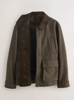 Brown Wool Blend Dogtooth Quilted Corduroy Collar Jacket
