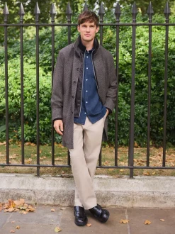 Brown Wool Blend Funnel Coat with Mock Gilet