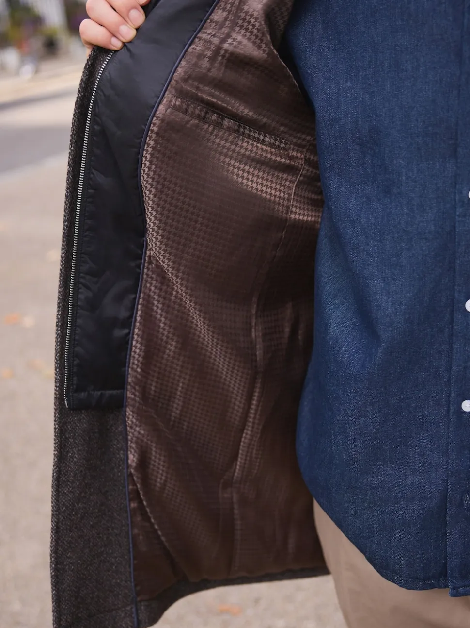 Brown Wool Blend Funnel Coat with Mock Gilet