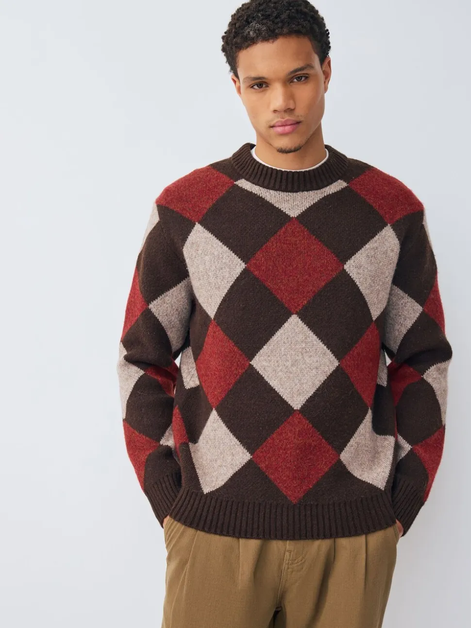 Brown/Red Regular Fit Argyle Pattern Crew Jumper with Wool