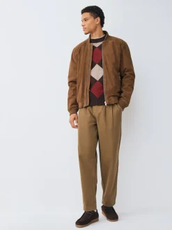 Brown/Red Regular Fit Argyle Pattern Crew Jumper with Wool
