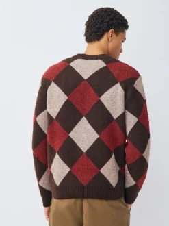 Brown/Red Regular Fit Argyle Pattern Crew Jumper with Wool