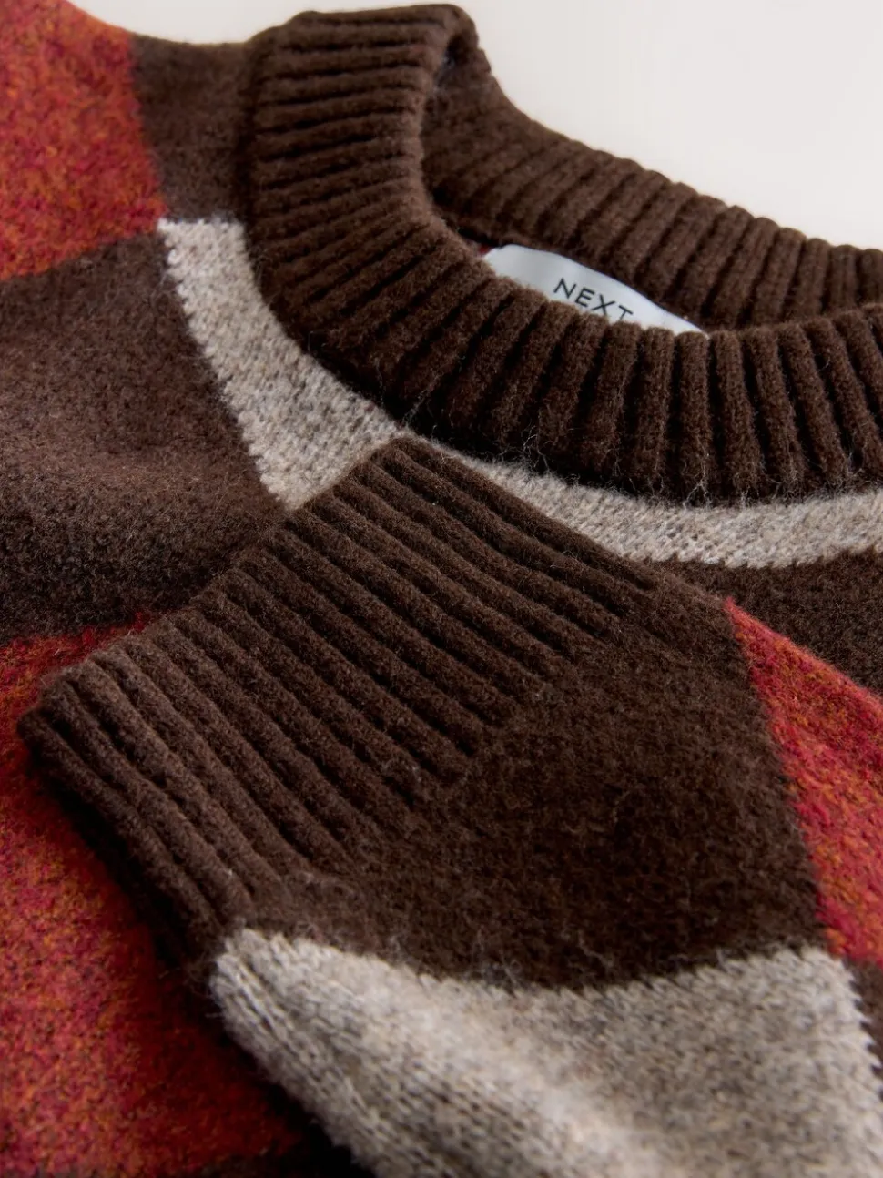 Brown/Red Regular Fit Argyle Pattern Crew Jumper with Wool