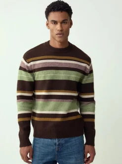 Brown/Sage Green Regular Fit Cosy Stripe Crew Jumper with Wool