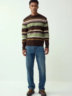 Brown/Sage Green Regular Fit Cosy Stripe Crew Jumper with Wool