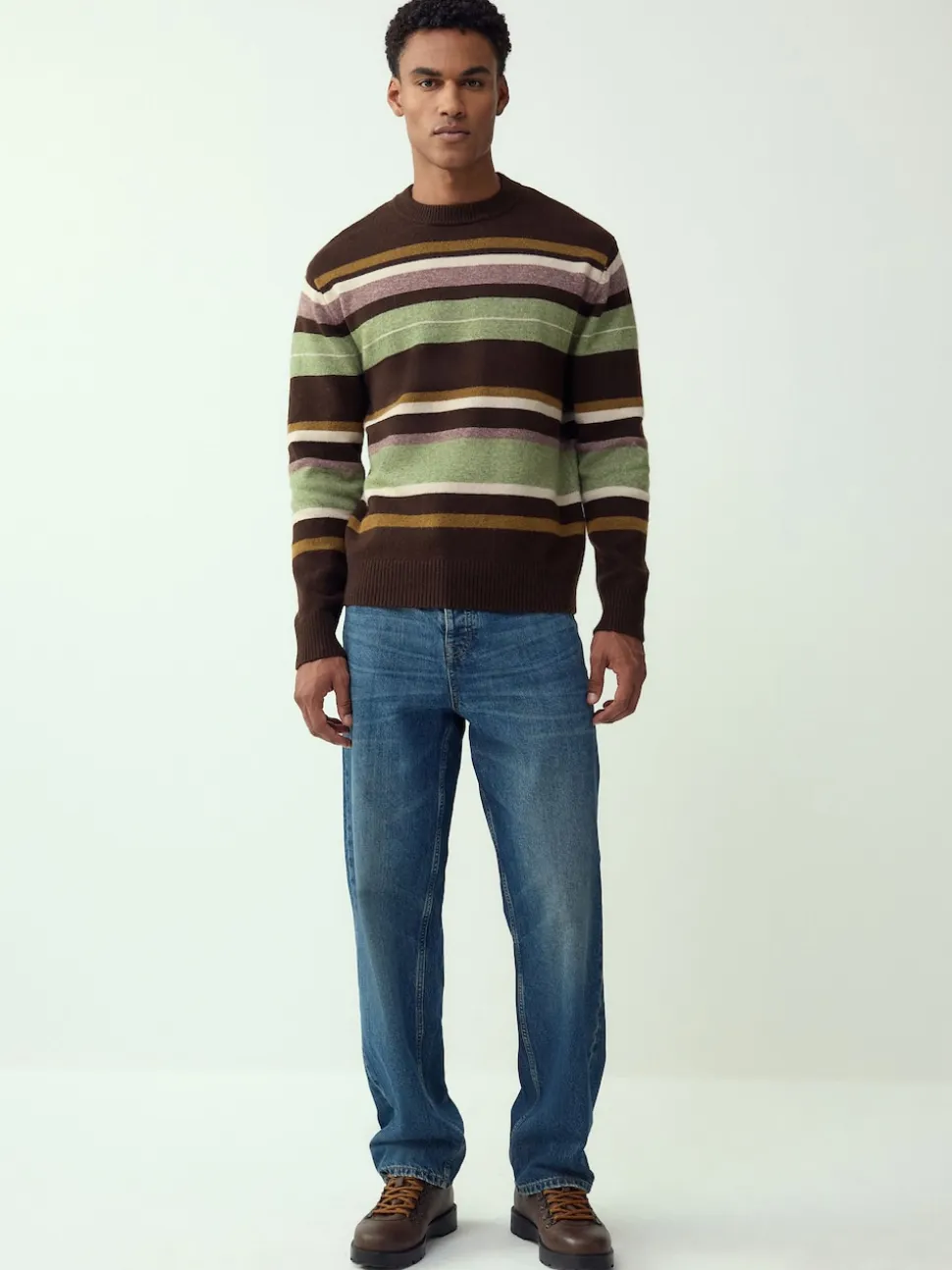 Brown/Sage Green Regular Fit Cosy Stripe Crew Jumper with Wool